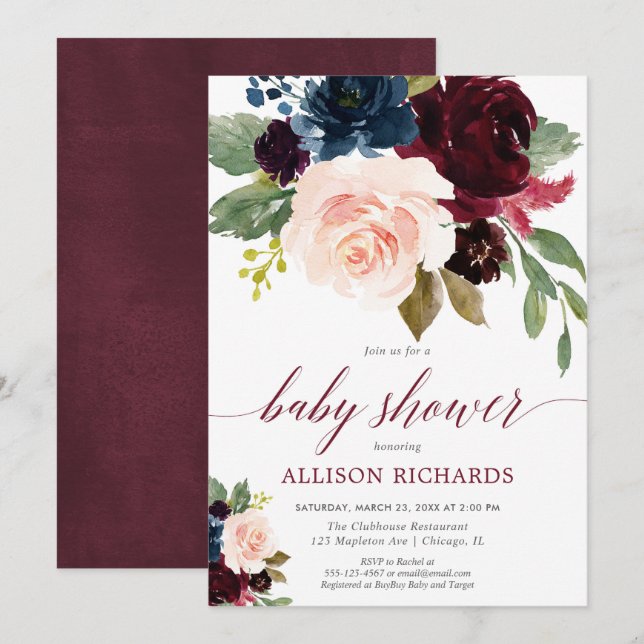 Fall floral blush marsala blue girl baby shower invitation (Front/Back)