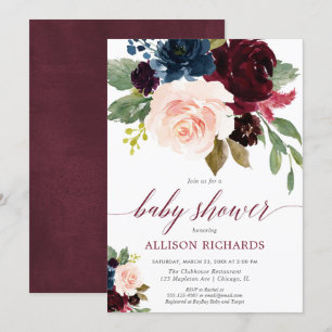 Fall floral blush marsala blue girl baby shower invitation