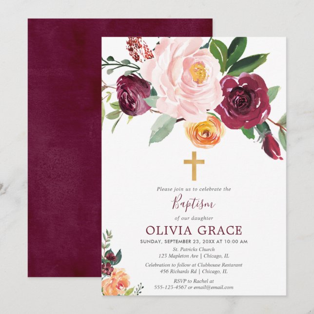 Fall floral blush pink burgundy baptism invitation (Front/Back)