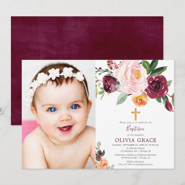 Fall floral blush pink burgundy baptism photo invitation (Front/Back)