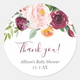 Fall floral blush pink burgundy favour thank you classic round sticker