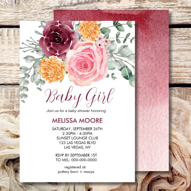 Fall floral blush pink burgundy girl baby shower invitation (Creator Uploaded)