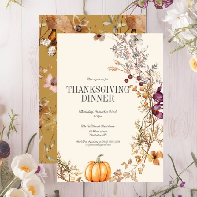 Fall Floral Boho Pumpkin Thanksgiving Dinner Invitation (Fall Pumpkin Floral Thanksgiving Dinner Invitation, Wildflowers, Autumn Flowers)