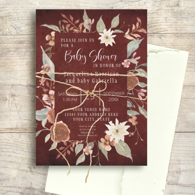 Fall Floral BOHO Script Girl Baby Shower Burgundy Invitation (Creator Uploaded)