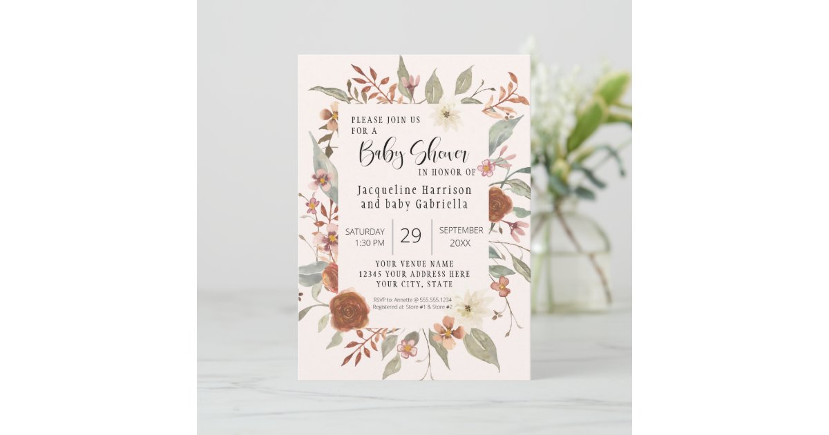Fall Floral BOHO Script Girl Baby Shower Photo Invitation Zazzle