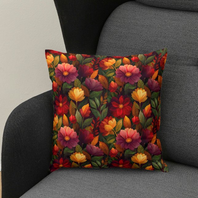 Fall Floral Botanical Decor - Autumn Design Cushion (Elegant farmhouse style with yellow, red and violet flowers. Great for autumn evenings.)