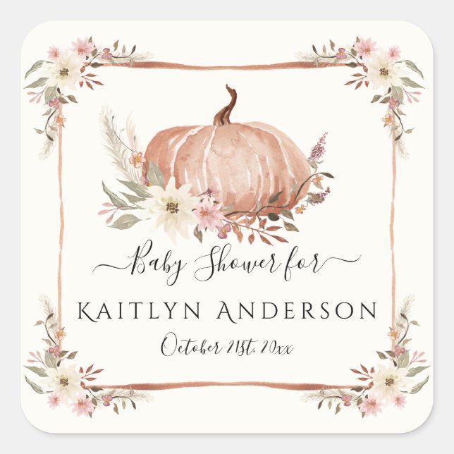 Fall Floral Botanical Pumpkin Baby Girl Shower Square Sticker (Front)