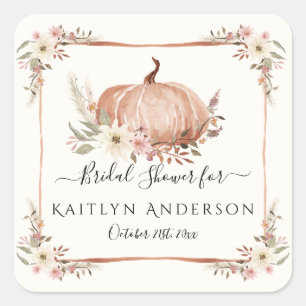 Fall Floral Botanical Pumpkin Pink Bridal Shower Square Sticker
