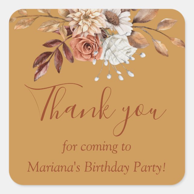 Fall Floral Bouquet Birthday on Gold Favour Square Sticker (Front)