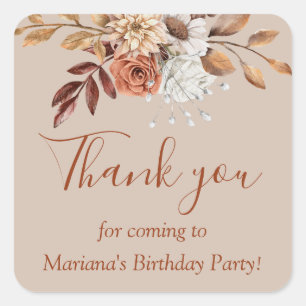 Fall Floral Bouquet Birthday on Taupe Favour Square Sticker