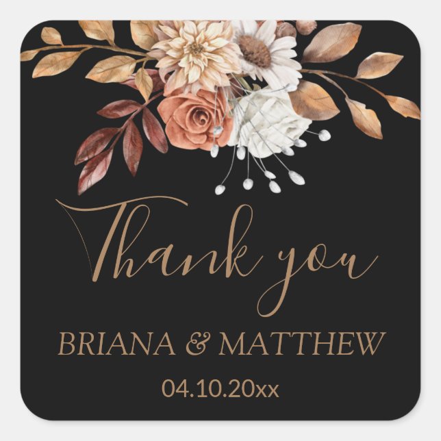 Fall Floral Bouquet Black Favour Square Sticker (Front)