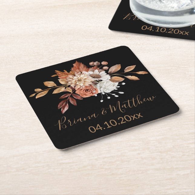 Fall Floral Bouquet Black Square Paper Coaster (Angled)