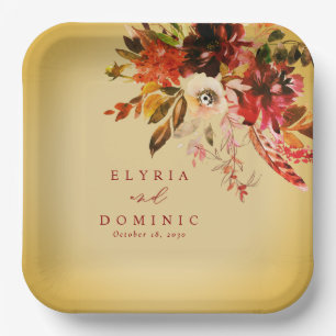 Fall Floral Bouquet Elegant Gold Washed Wedding Paper Plate