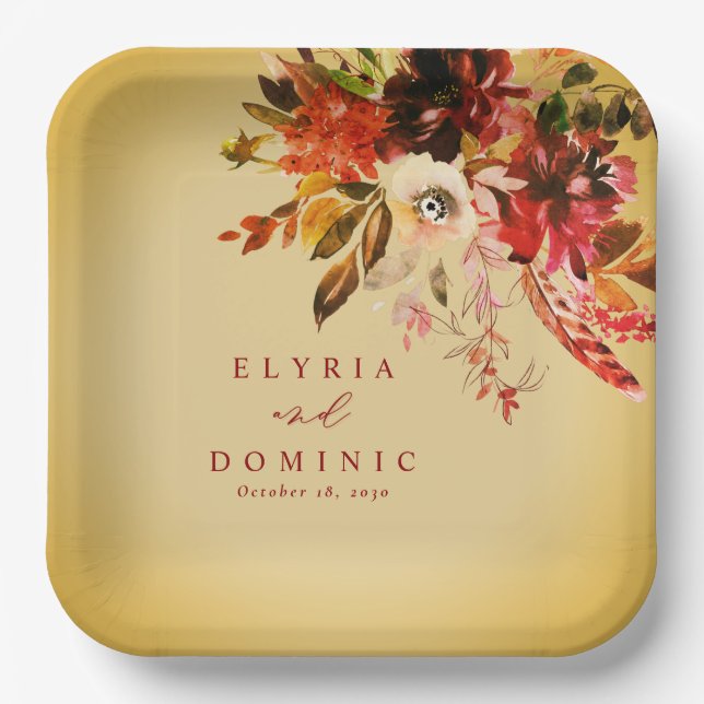 Fall Floral Bouquet Elegant Gold Washed Wedding Paper Plate (Front)