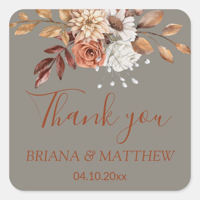 Fall Floral Bouquet Grey Favour Square Sticker (Front)