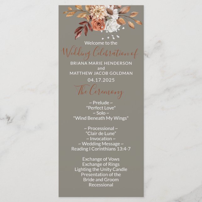 Fall Floral Bouquet Grey Wedding Program Programme (Front)