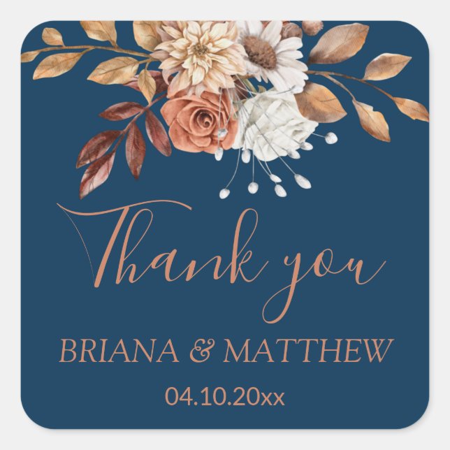 Fall Floral Bouquet Navy Blue Favour Square Sticker (Front)