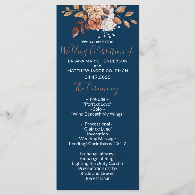 Fall Floral Bouquet Navy Blue Wedding Program Programme (Front)