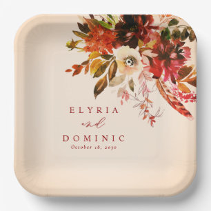 Fall Floral Bouquet Over Blushed Ivory Wedding Paper Plate