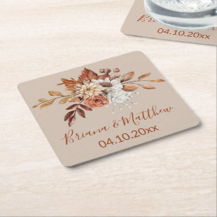 Fall Floral Bouquet Taupe Square Paper Coaster