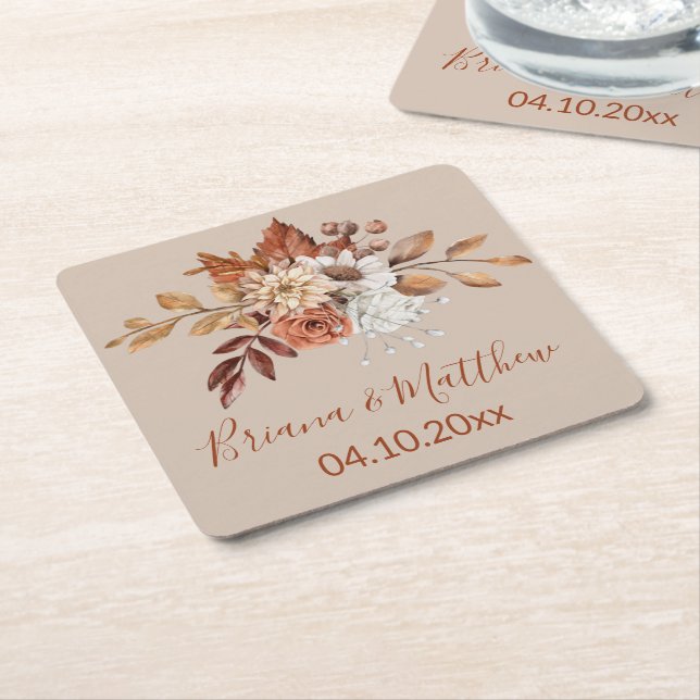 Fall Floral Bouquet Taupe Square Paper Coaster (Angled)
