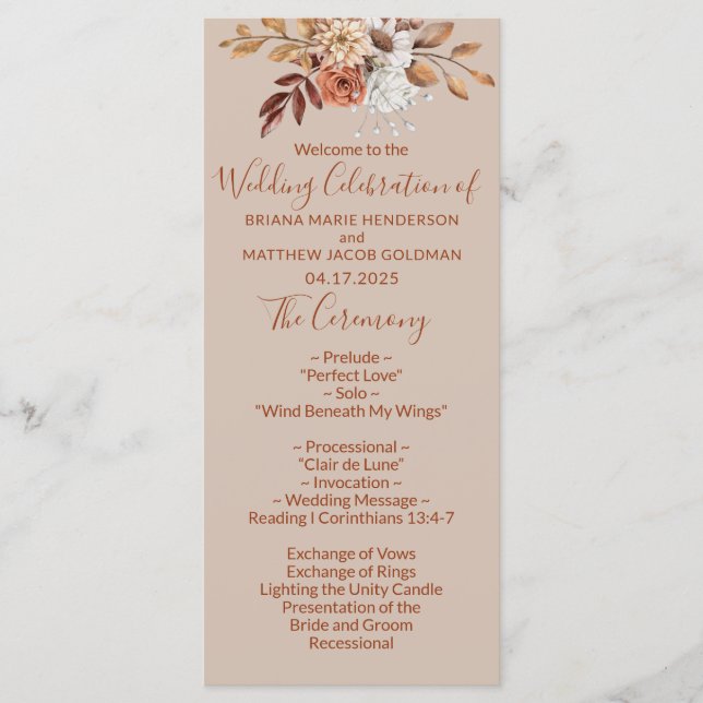 Fall Floral Bouquet Taupe Wedding Program Programme (Front)