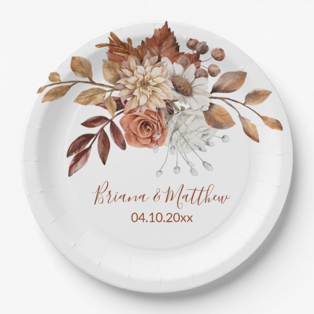 Fall Floral Bouquet White Wedding Paper Plate (Front)