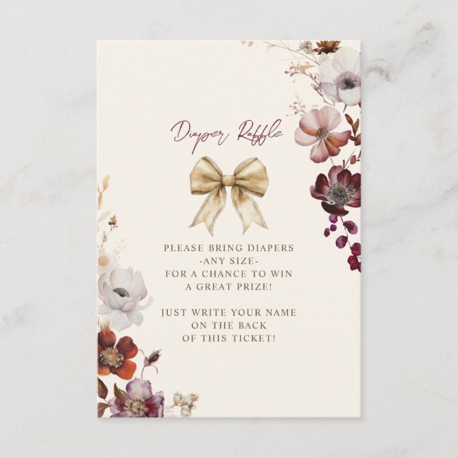 Fall Floral Bow Girl Baby Shower Diaper Raffle Enclosure Card (Front)
