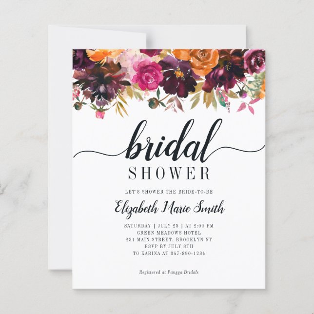 Fall Floral Bridal Shower Burgundy Gold Invitation (Front)