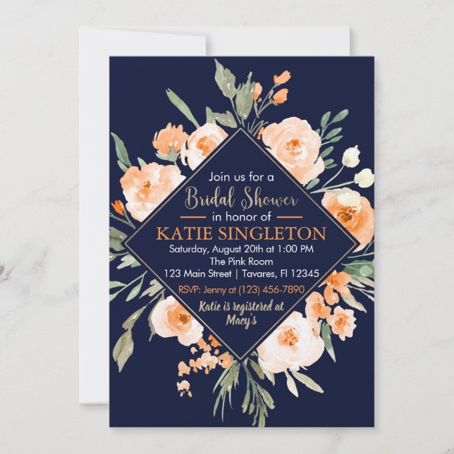 Fall Floral Bridal Shower Navy & Orange Invitation (Front)
