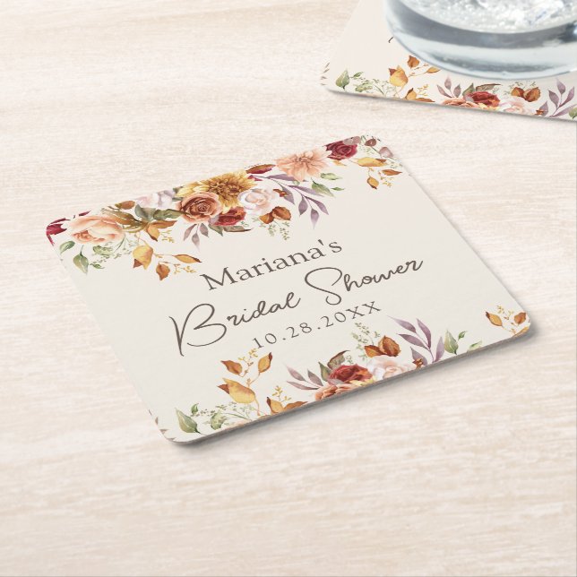 Fall Floral Bridal Shower Square Paper Coaster (Angled)