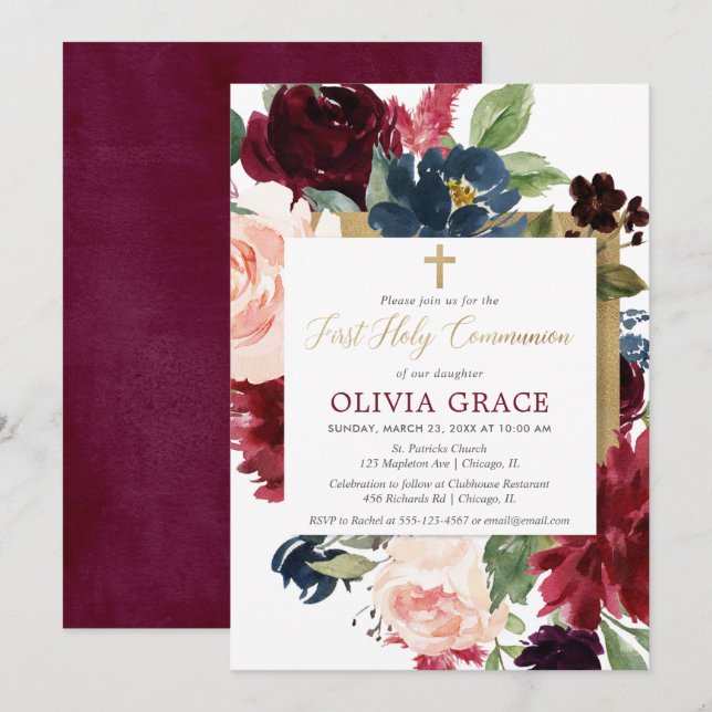 Fall floral burgundy blush gold first communion invitation (Front/Back)