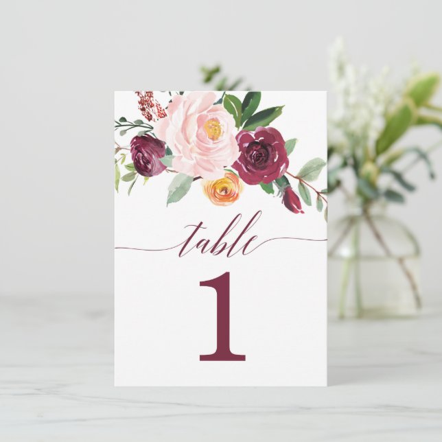 Fall floral burgundy blush pink table numbers (Standing Front)