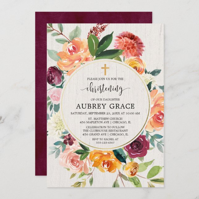 Fall floral burgundy rustic watercolor christening invitation (Front/Back)