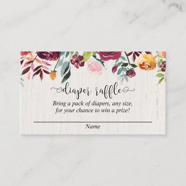 Fall floral burgundy watercolor diaper raffle card (Front)