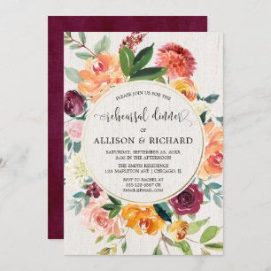 Fall floral burgundy watercolor rehearsal dinner invitation