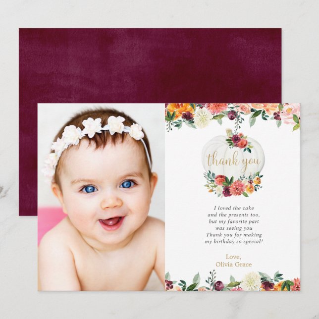 Fall floral burgundy white pumpkin thank you card (Front/Back)