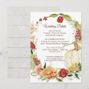 Fall Floral Burgundy White Pumpkin Wedding Details Invitation