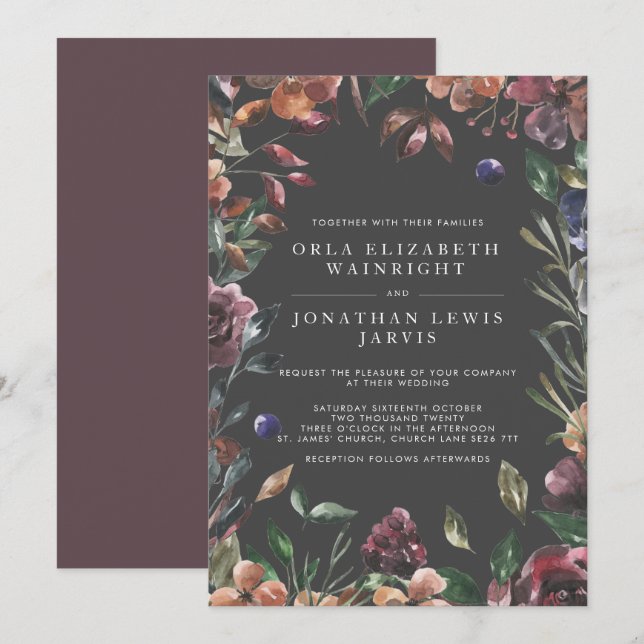 Fall Floral Burst Frame Moody Warm Tones Wedding Invitation (Front/Back)