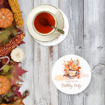 Fall Floral Cottage Core Teacup Birthday Tea Party Round Paper Coaster<br><div class="desc">Immerse yourself in the cosy elegance of autumn with our "Fall Floral Cottage Core Teacup Birthday Tea Party" design collection. This charming illustration features a delicate white teacup adorned with a graceful leaf pattern, gracefully resting on a matching saucer. Surrounding this centerpiece is a vibrant fall bouquet, bursting with apricot...</div>