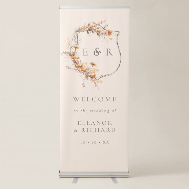  Fall Floral Crest Monogram Wedding Welcome Retractable Banner (Front)