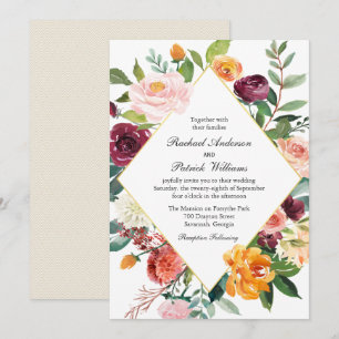 Fall Floral Diamond Frame Wedding Invitation