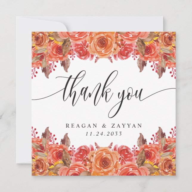 Fall Floral Elegant Autumn Wedding Thank You Card (Front)