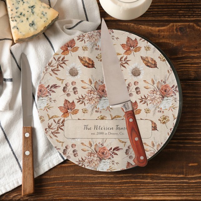 Fall floral elegant retro family name personalised cutting board (Creator Uploaded)