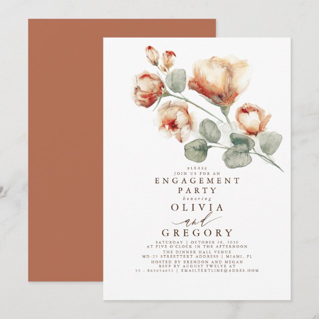 Fall Floral Elegant Romantic Engagement Party Invitation (Front/Back)