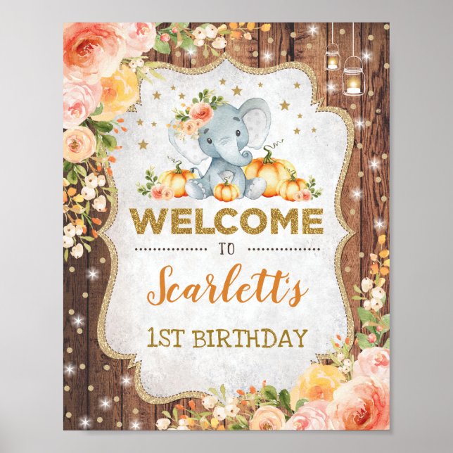 Fall Floral Elephant 1st Birthday Autumn Welcome Poster (Front)