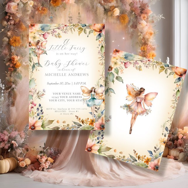 Fall Floral Enchanted Fairy Gold Girl Baby Shower Invitation (Creator Uploaded)