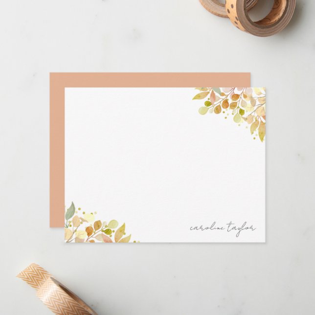 Fall Floral Eucalyptus Boho Custom Name Stationery Card (Front/Back In Situ)