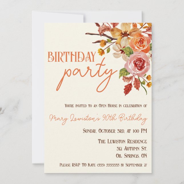 Fall Floral, Fall Leaves, Twigs, Birthday Party Invitation (Front)
