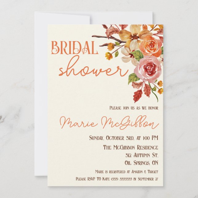 Fall Floral, Fall Leaves, Twigs, Bridal Shower Invitation (Front)